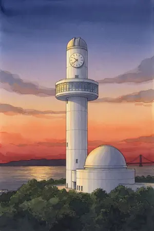 夕陽の明石市立天文科学館 展望室を描いた絵