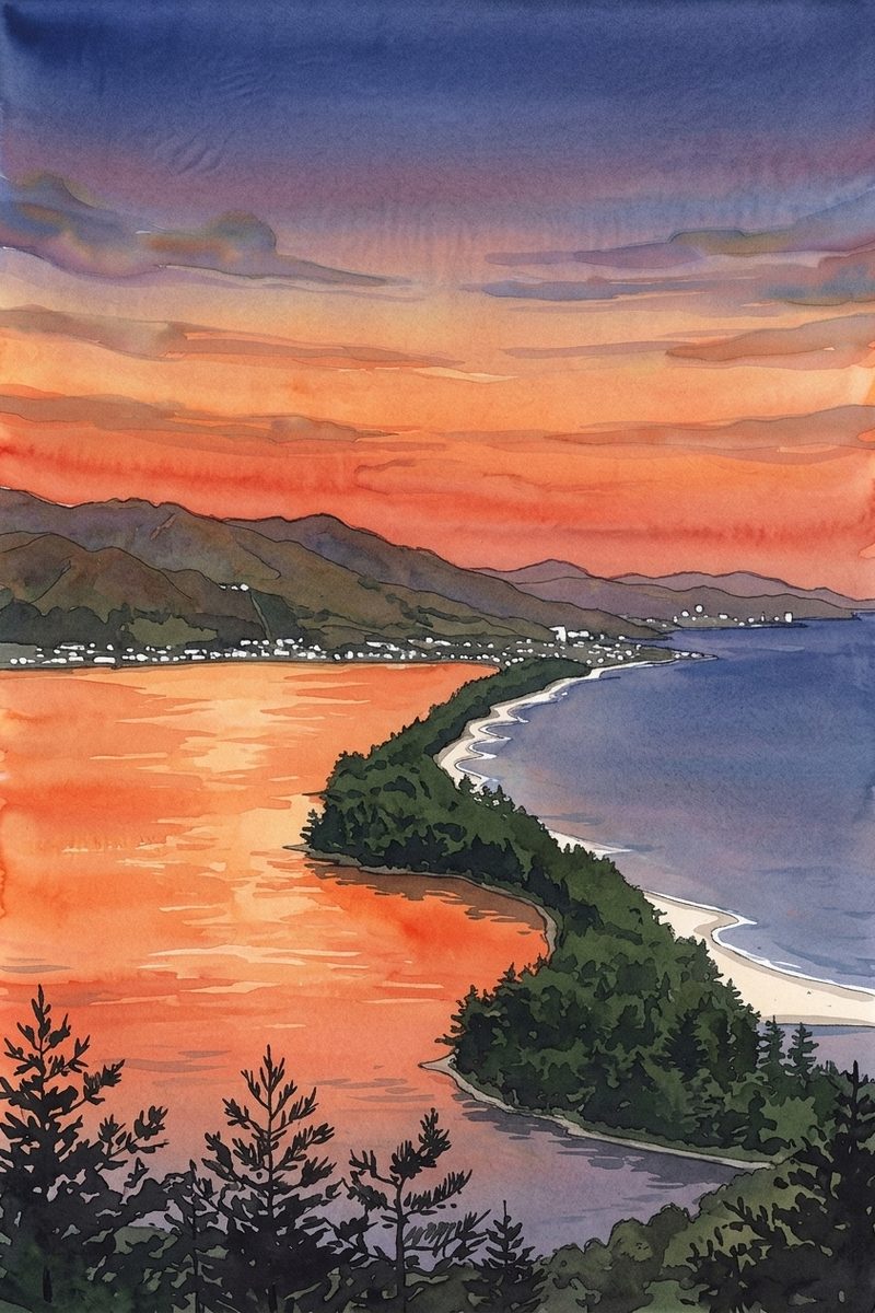 夕陽の天橋立ビューランドを描いた絵