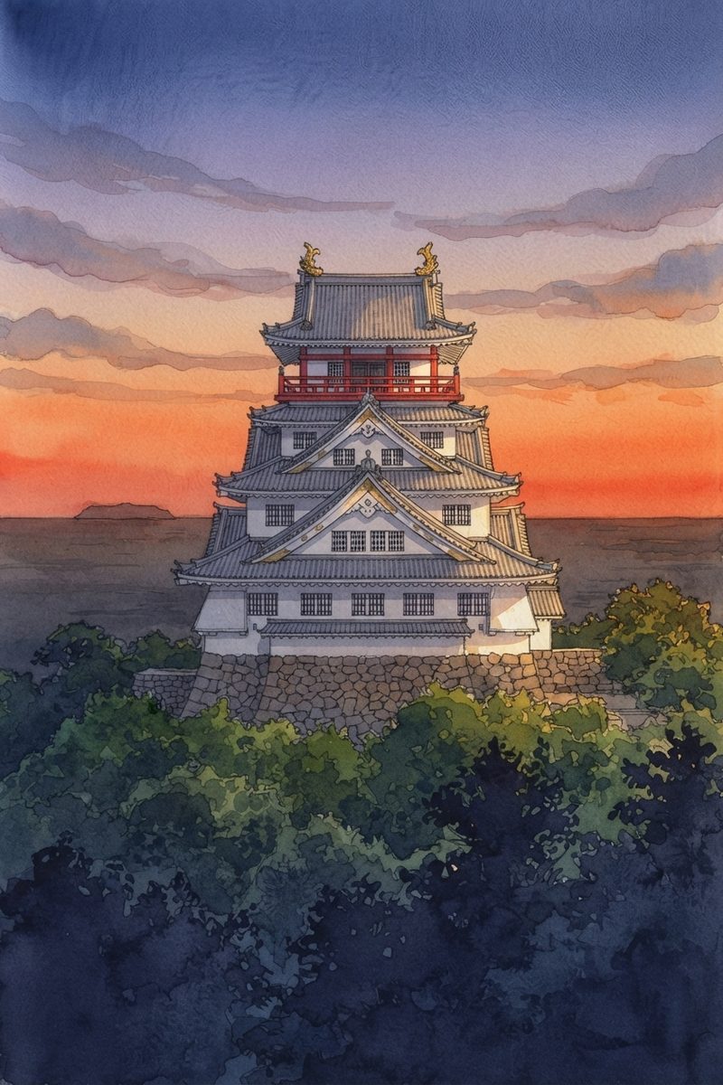 夕陽の熱海城を描いた絵