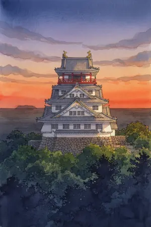 夕陽の熱海城を描いた絵