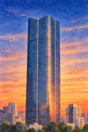 夕陽の麻布台ヒルズ 森JPタワー スカイロビーを描いた絵