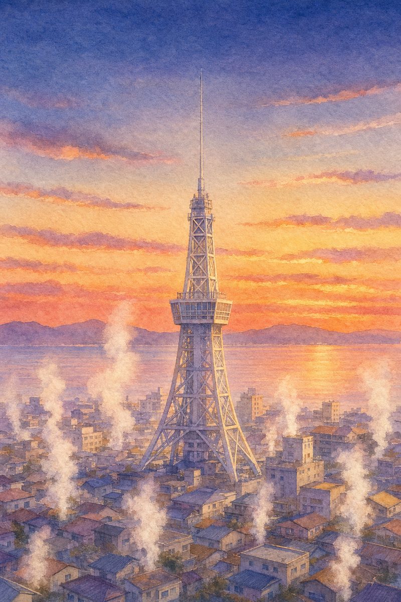 夕陽の別府タワーを描いた絵