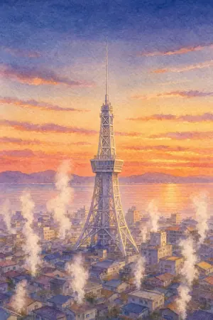 夕陽の別府タワーを描いた絵