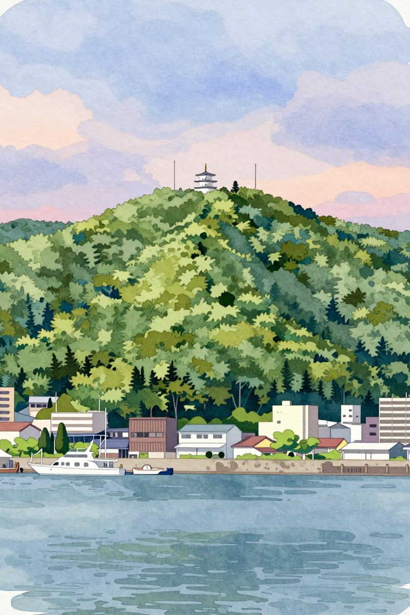 夕陽の眉山を描いた絵