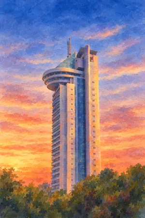 夕陽の文京シビックセンター展望ラウンジを描いた絵