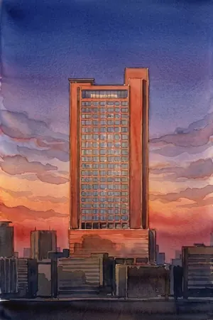 夕陽のスカイキャロット展望ロビーを描いた絵