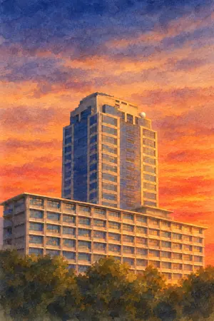 夕陽の千葉県庁 展望回廊を描いた絵