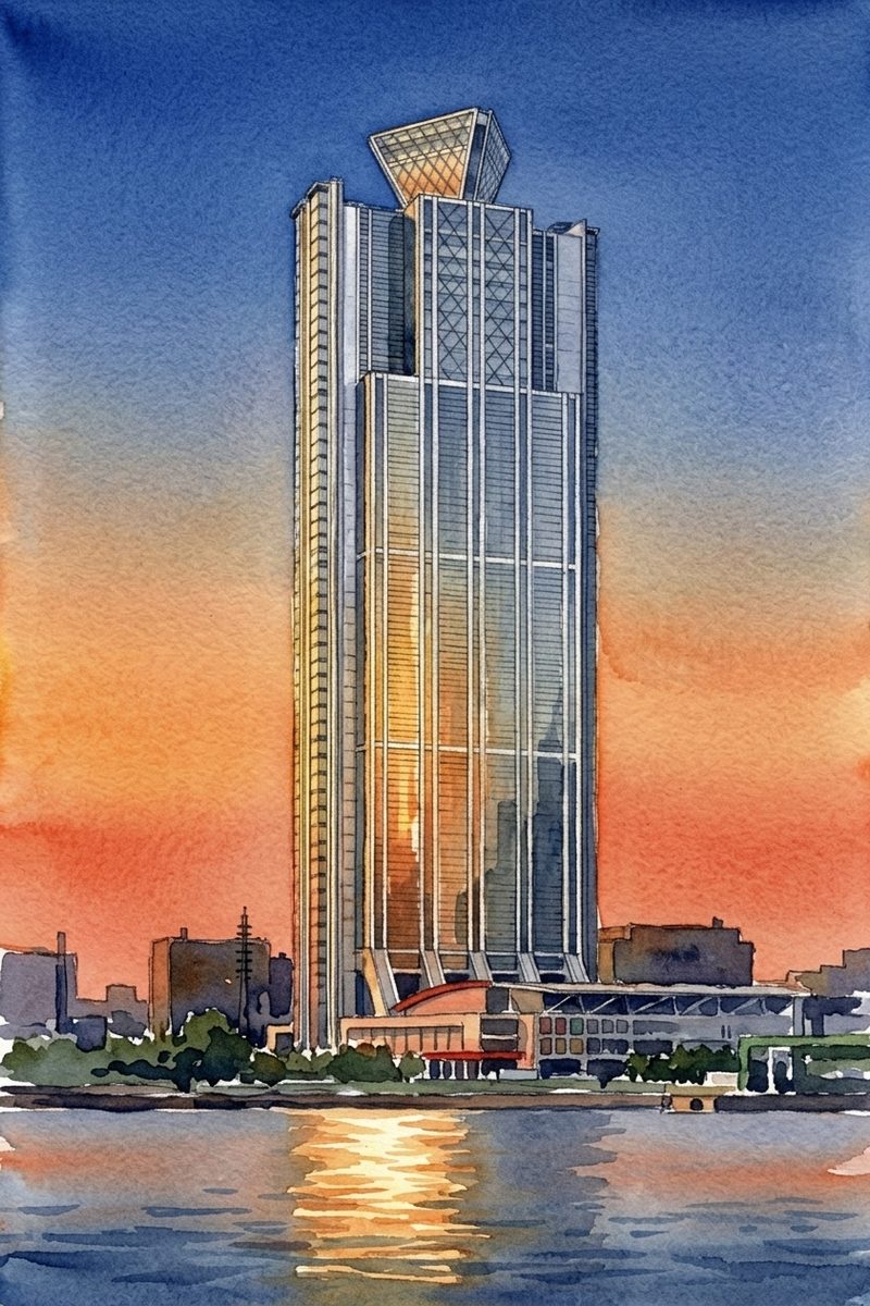 夕陽の大阪府咲洲庁舎展望台を描いた絵