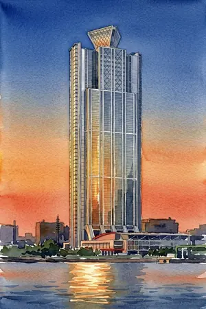 夕陽の大阪府咲洲庁舎展望台を描いた絵