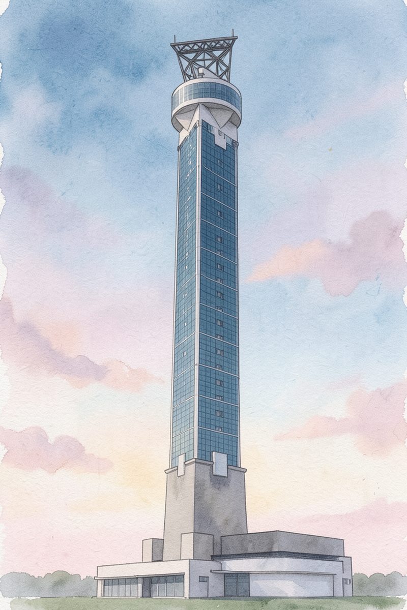 夕陽のクロスランドタワーを描いた絵