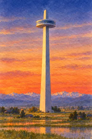 夕陽のクロスランドタワーを描いた絵