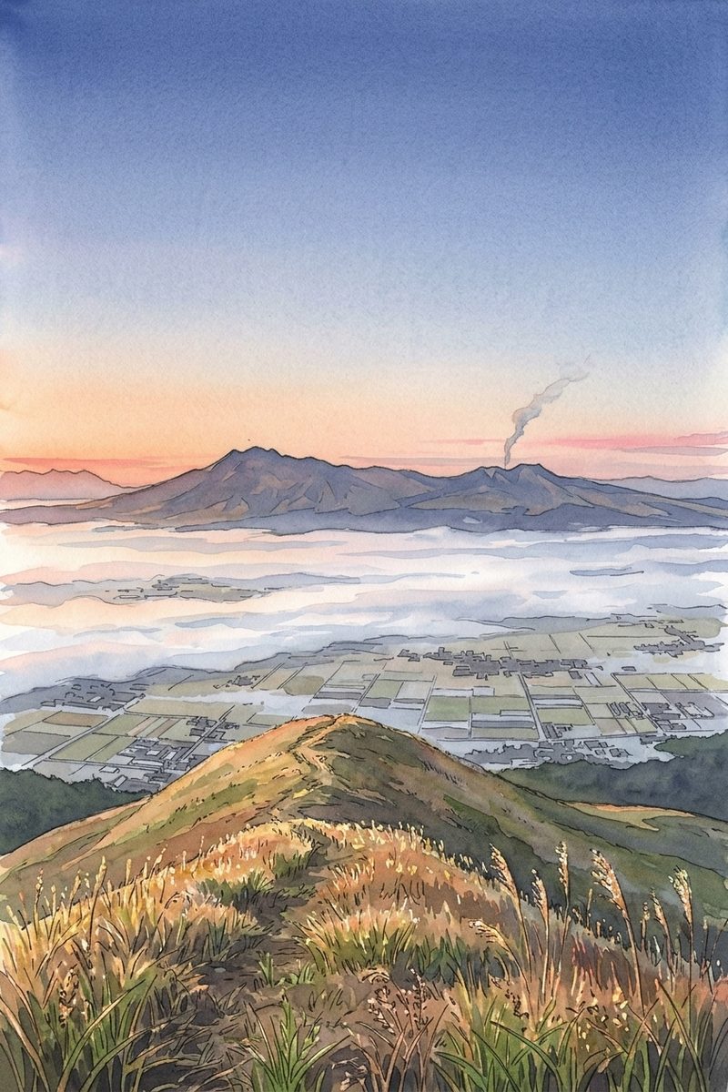 朝の大観峰を描いた絵