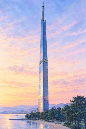 朝の福岡タワーを描いた絵