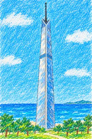 クレヨンの福岡タワーを描いた絵