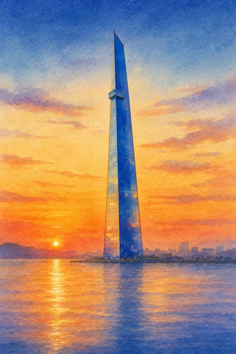 夕陽の福岡タワーを描いた絵