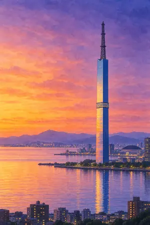 夕陽の福岡タワーを描いた絵