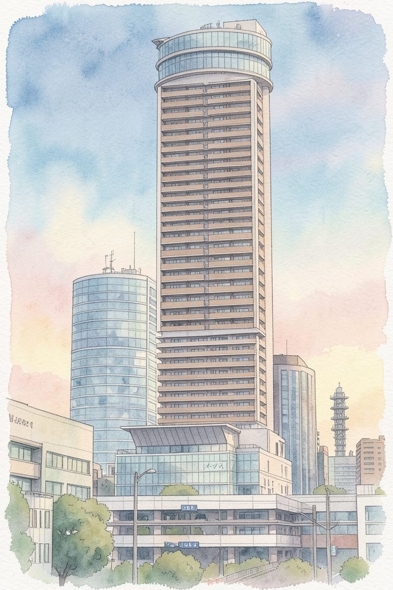 夕陽の岐阜シティ・タワー43 スカイラウンジを描いた絵