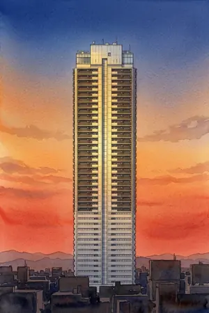 夕陽の岐阜シティ・タワー43 スカイラウンジを描いた絵