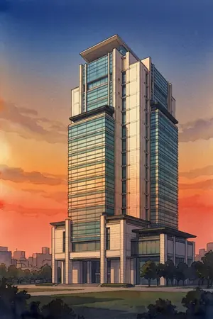 夕陽の山陰合同銀行 本店 展望フロアを描いた絵