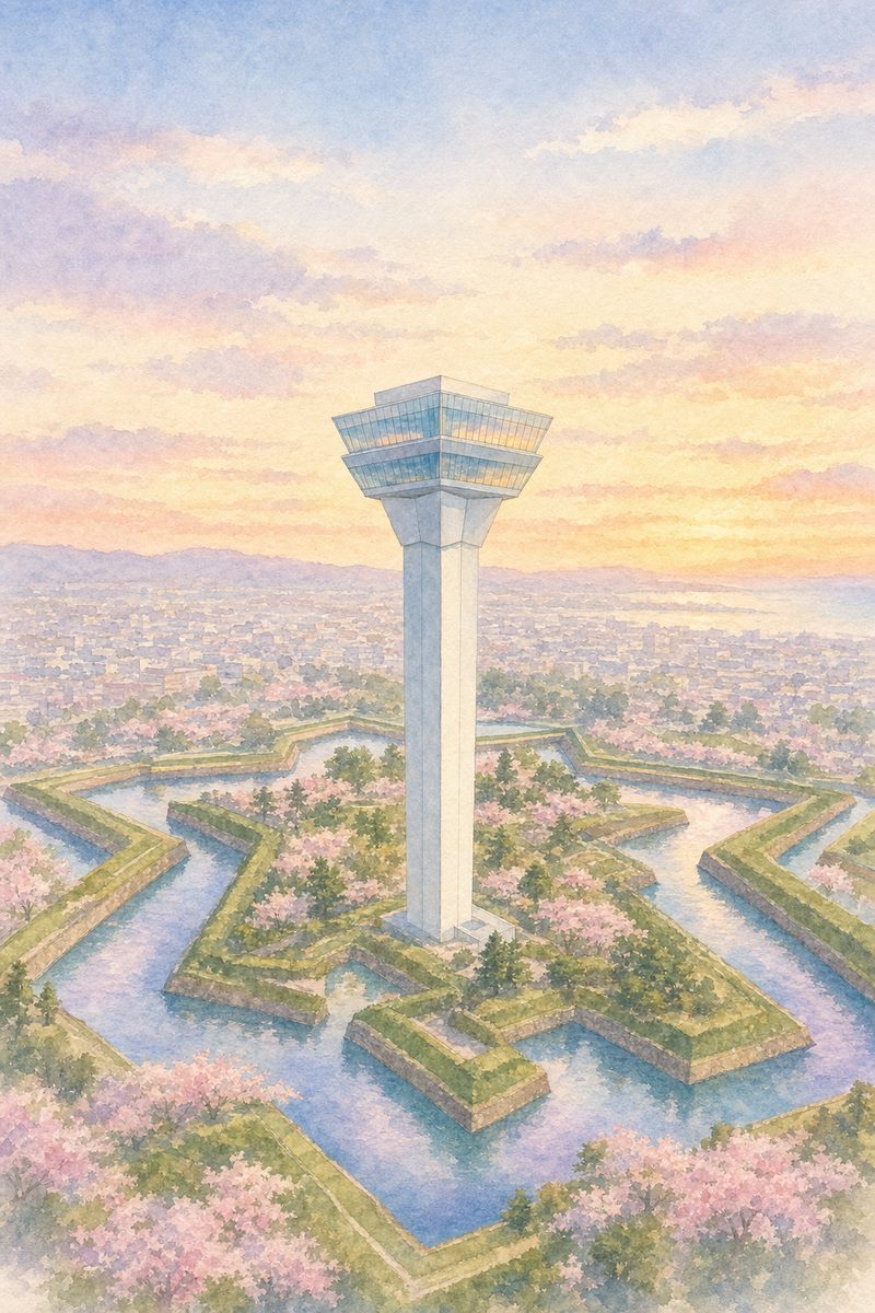 朝の五稜郭タワーを描いた絵