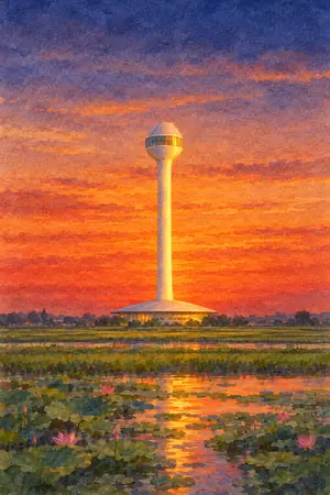 夕陽の行田タワー（古代蓮会館）を描いた絵
