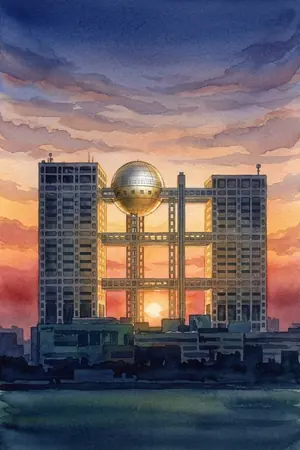 夕陽のフジテレビ球体展望室 はちたまを描いた絵