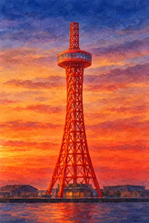 夕陽の博多ポートタワーを描いた絵