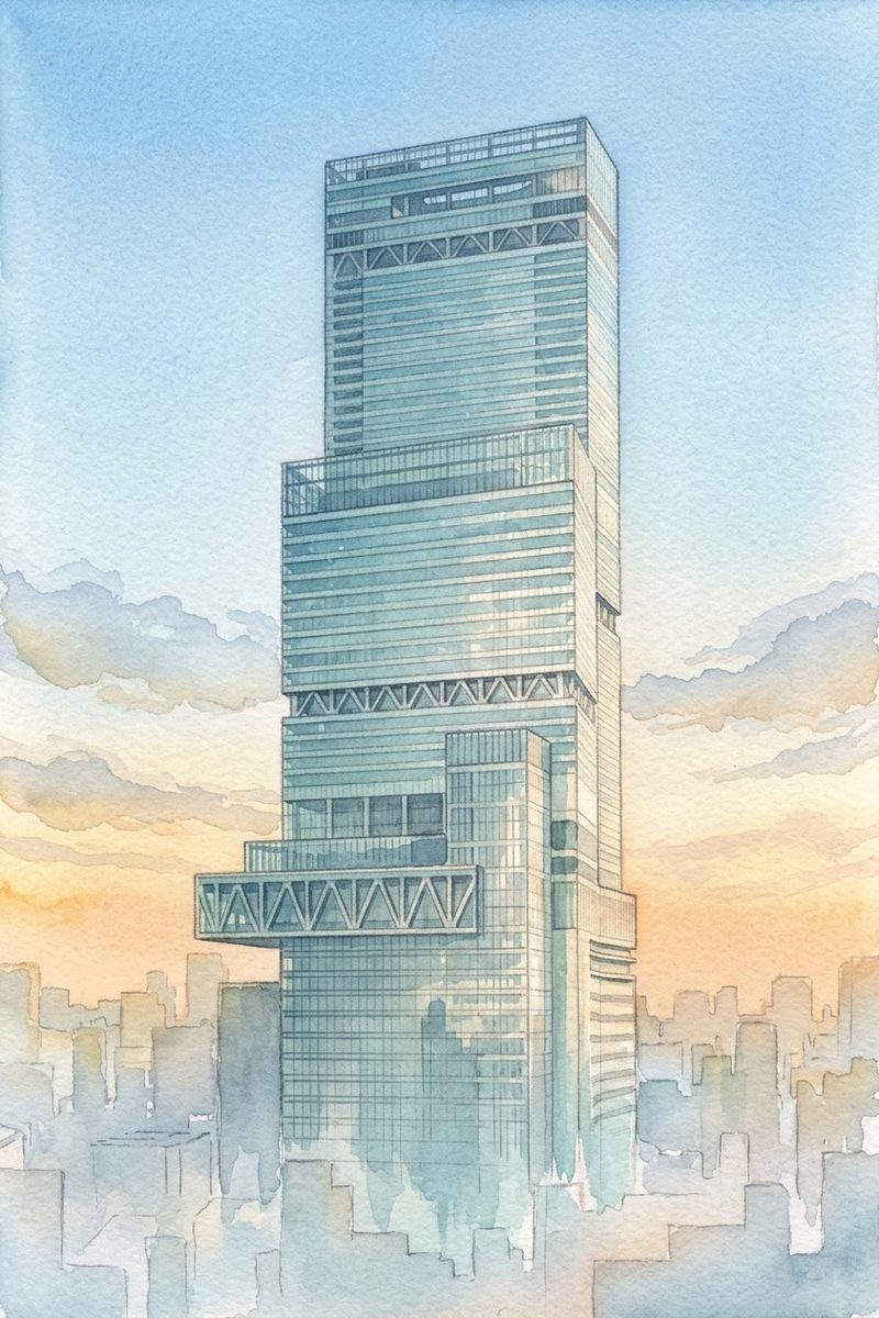 朝のあべのハルカス300を描いた絵
