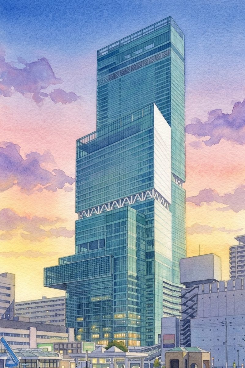 夕陽のあべのハルカス300を描いた絵