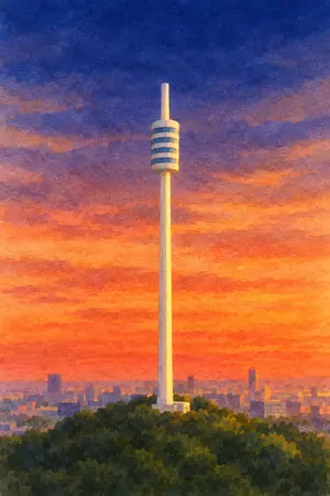 夕陽の東山スカイタワーを描いた絵
