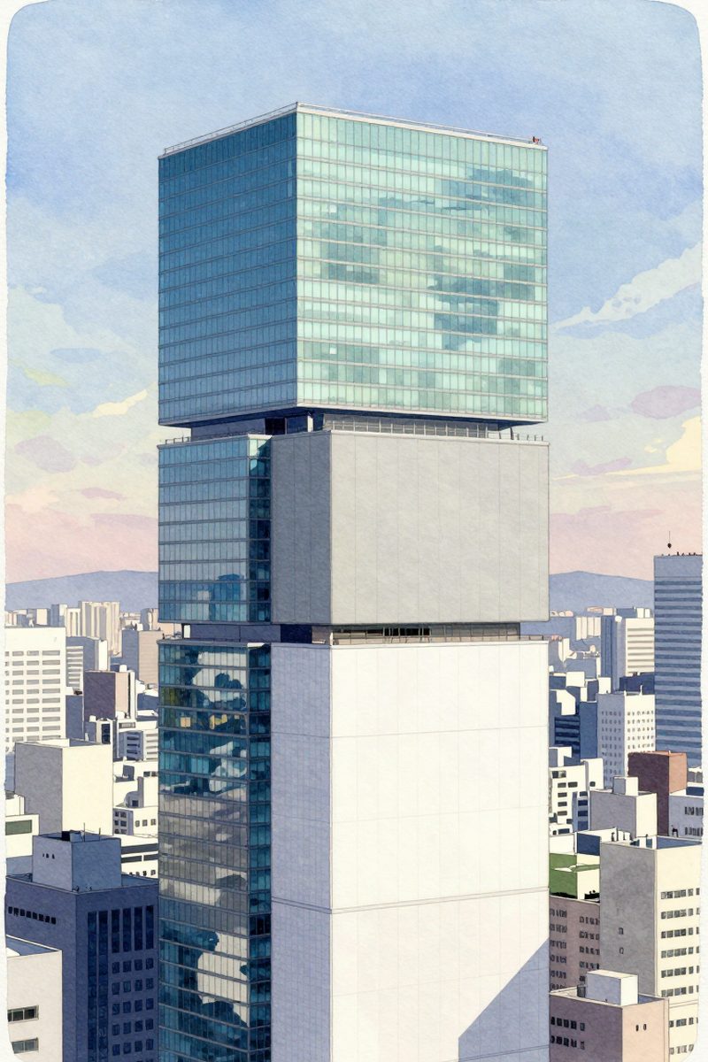 夕陽の渋谷ヒカリエ Sky Lobbyを描いた絵