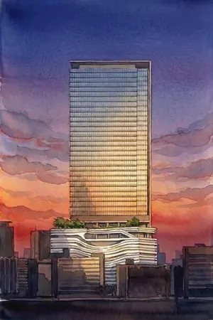 夕陽の渋谷ヒカリエ Sky Lobbyを描いた絵