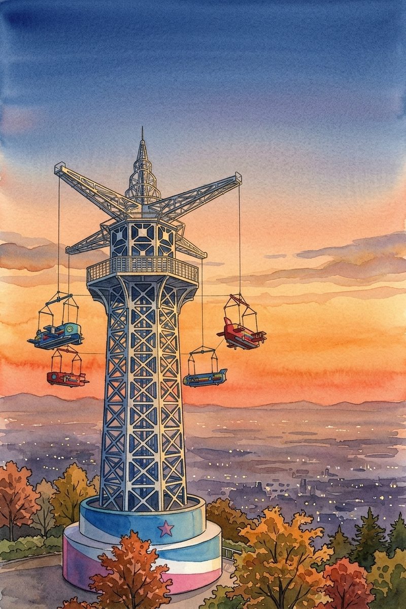 夕陽の生駒山上遊園地を描いた絵