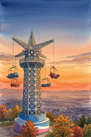 夕陽の生駒山上遊園地を描いた絵