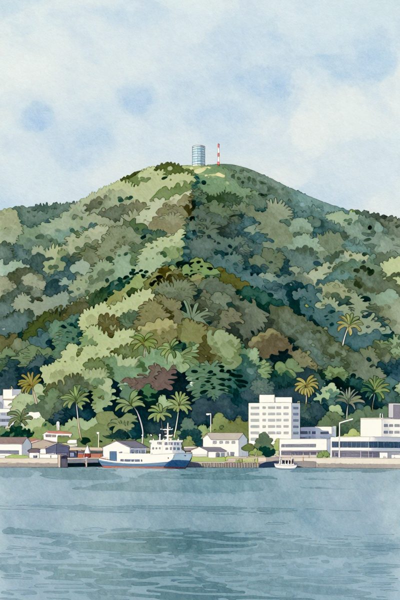 夕陽の稲佐山 山頂展望台を描いた絵