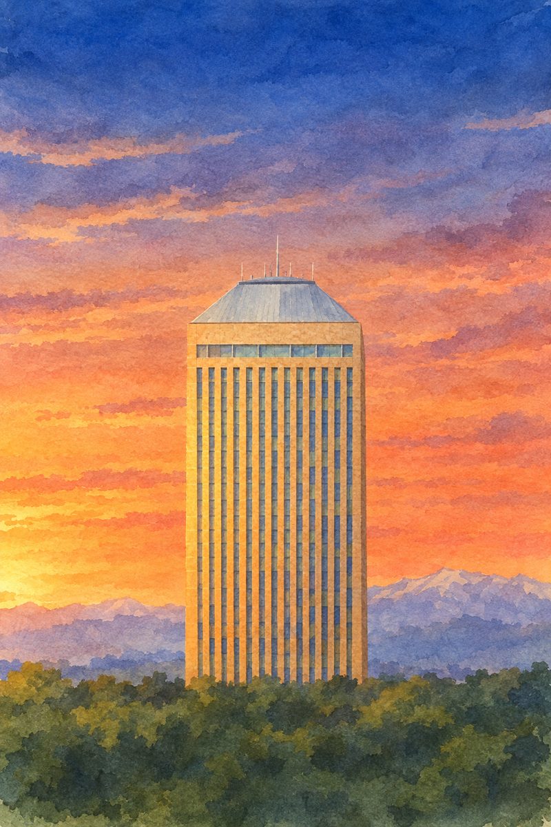 夕陽の石川県庁 展望ロビーを描いた絵