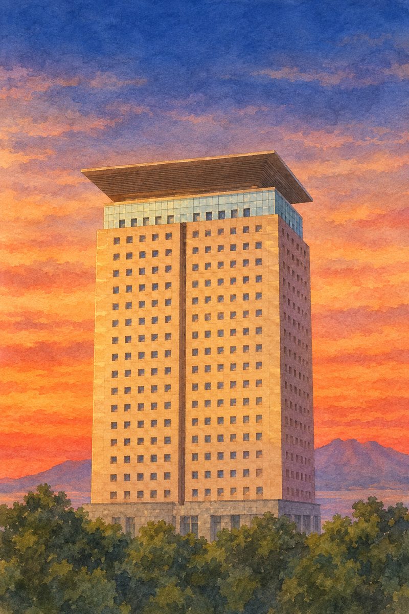夕陽の鹿児島県庁 展望ロビーを描いた絵