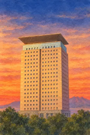 夕陽の鹿児島県庁 展望ロビーを描いた絵