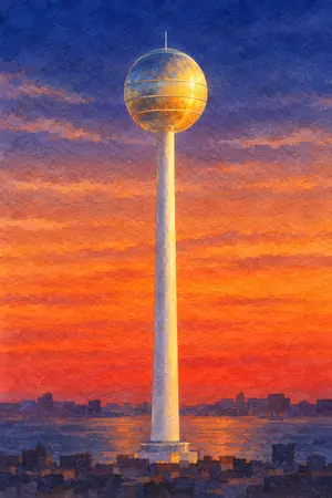 夕陽の海峡ゆめタワーを描いた絵