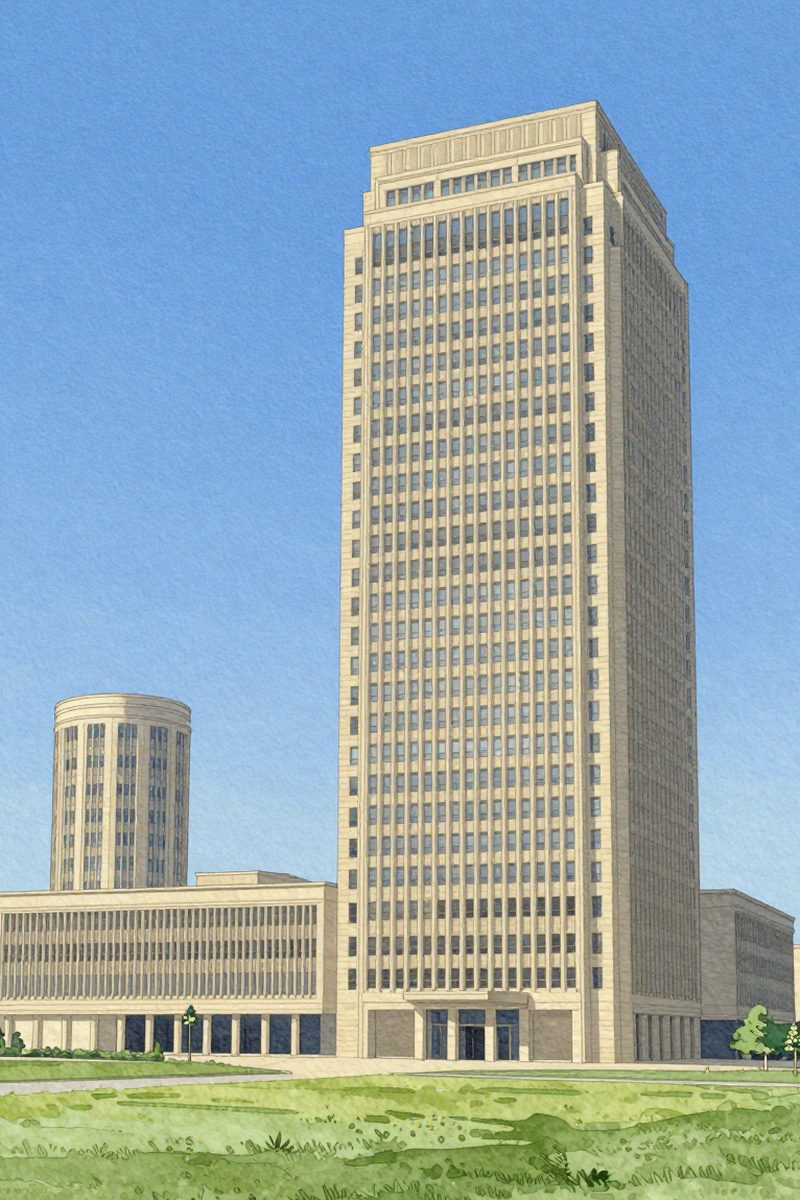 夕陽の霞城セントラル 展望ロビーを描いた絵