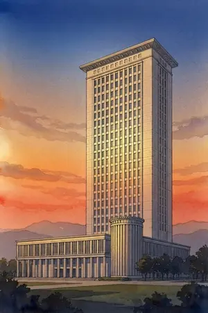 夕陽の霞城セントラル 展望ロビーを描いた絵