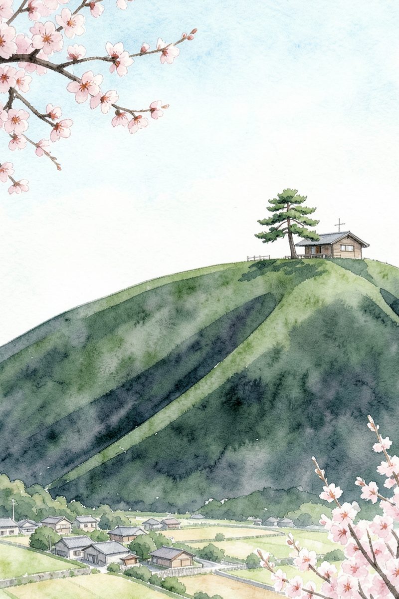夕陽の葛城山を描いた絵
