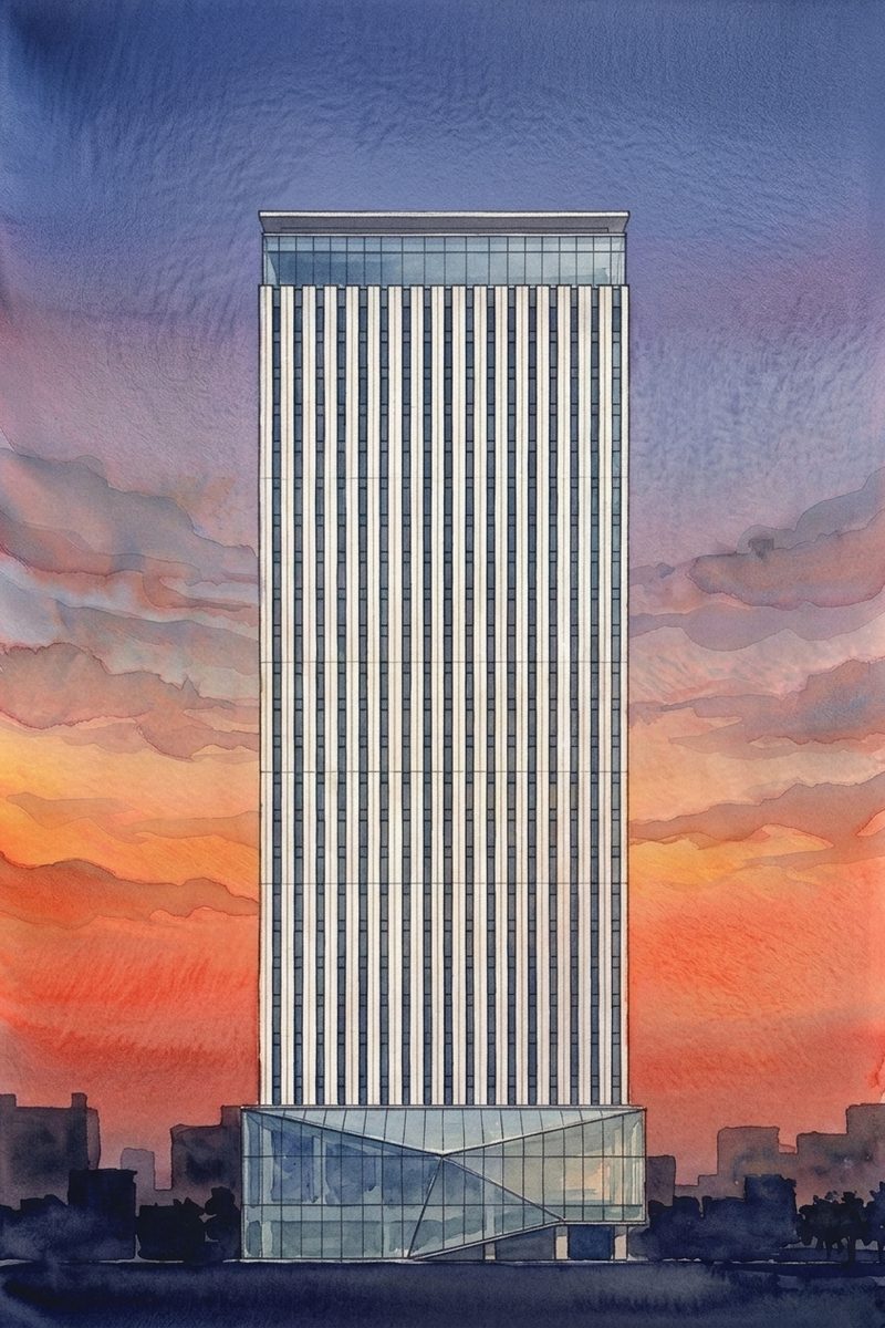 夕陽の川崎市役所 展望フロアを描いた絵