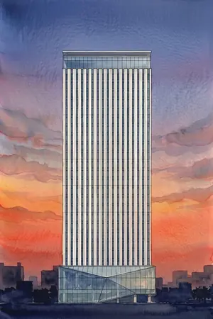 夕陽の川崎市役所 展望フロアを描いた絵