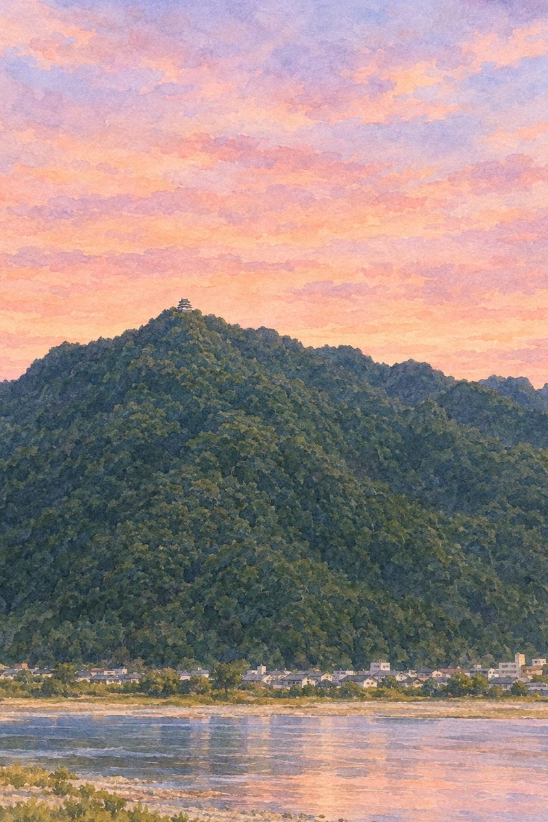 夕陽の金華山（岐阜城）を描いた絵