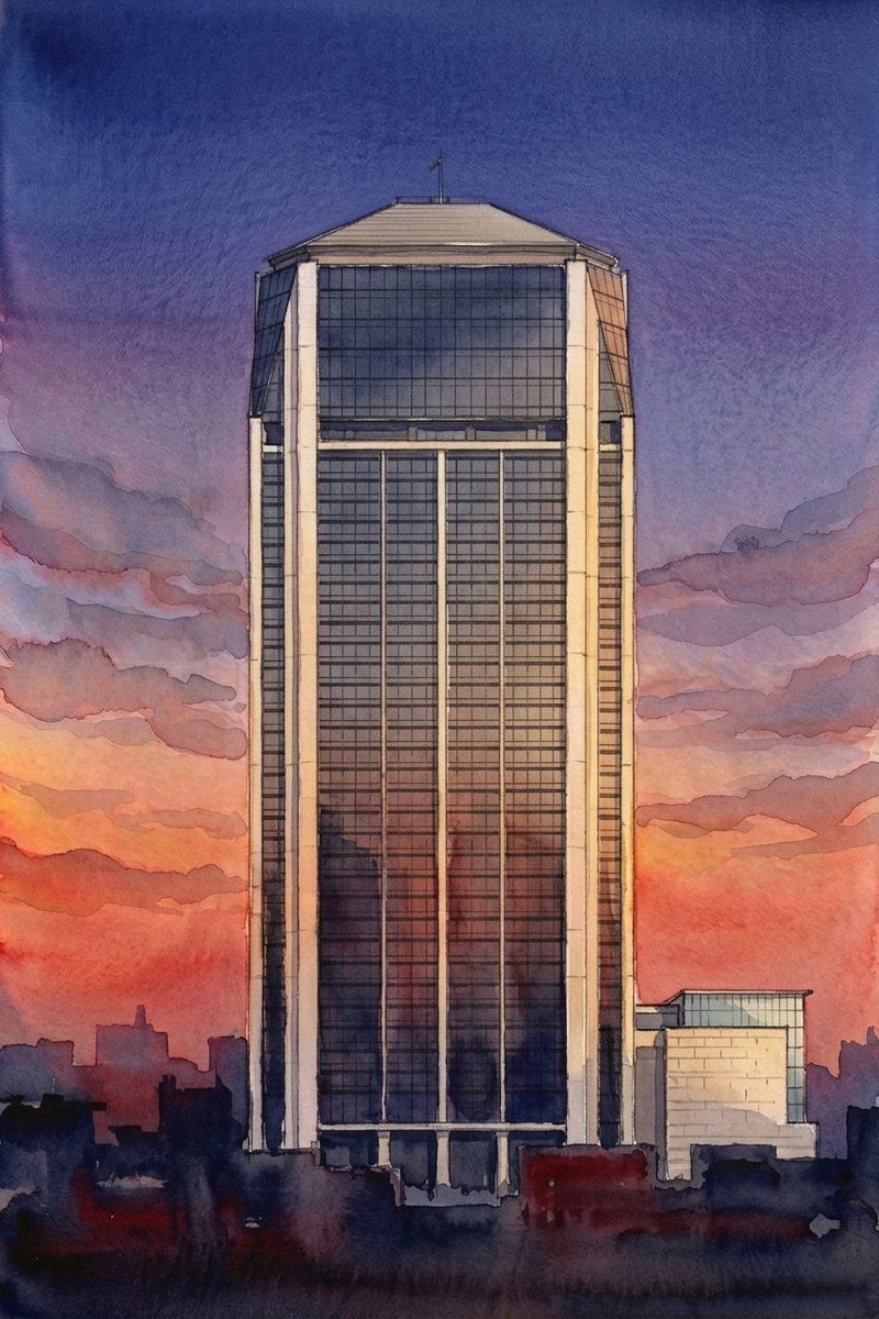 夕陽の神戸市役所 展望ロビーを描いた絵