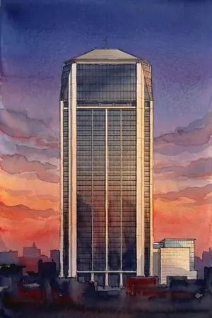 夕陽の神戸市役所 展望ロビーを描いた絵