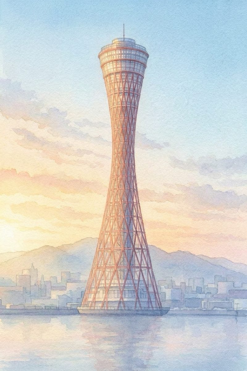 朝の神戸ポートタワーを描いた絵