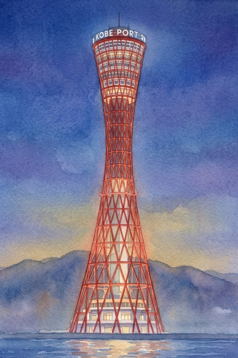夜の神戸ポートタワーを描いた絵