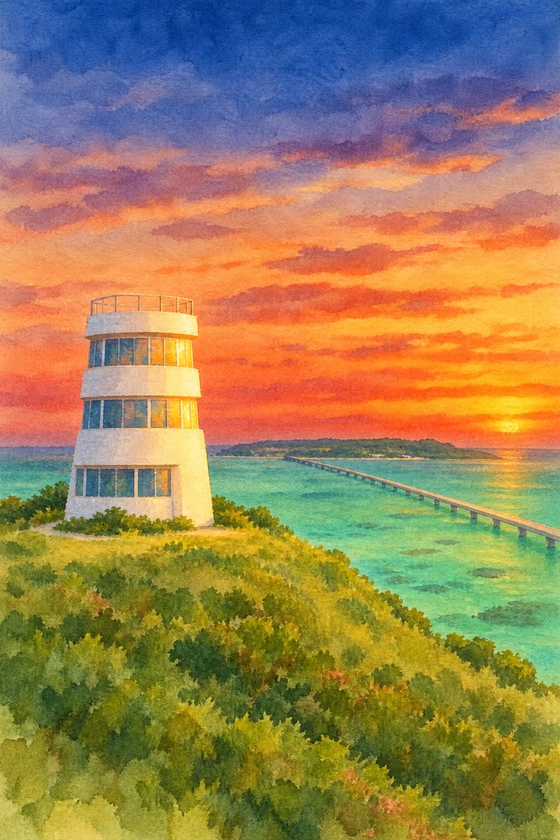 夕陽の古宇利オーシャンタワーを描いた絵